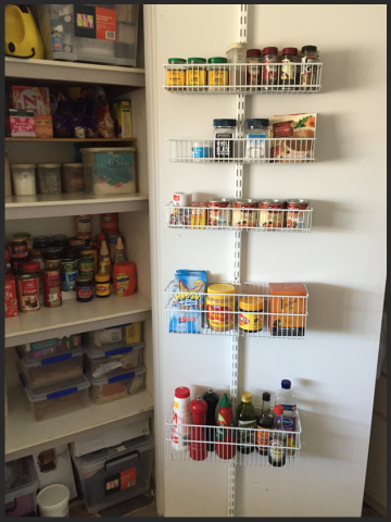 organised pantry, organized pantry, clutter free, elfa over the door rack