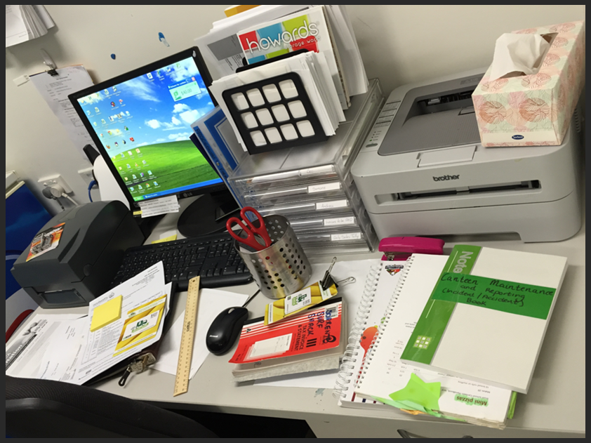 messy desk, disorganised office, disorganized office