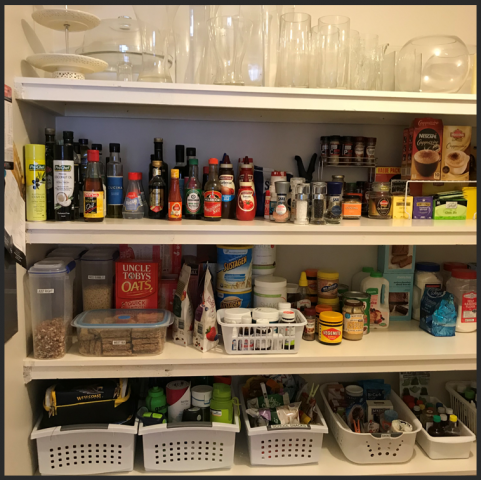 organised pantry, organized pantry, stackable baskets, de-clutter