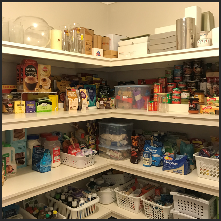 organised pantry, organized pantry, stackable baskets, de-clutter, decor containers