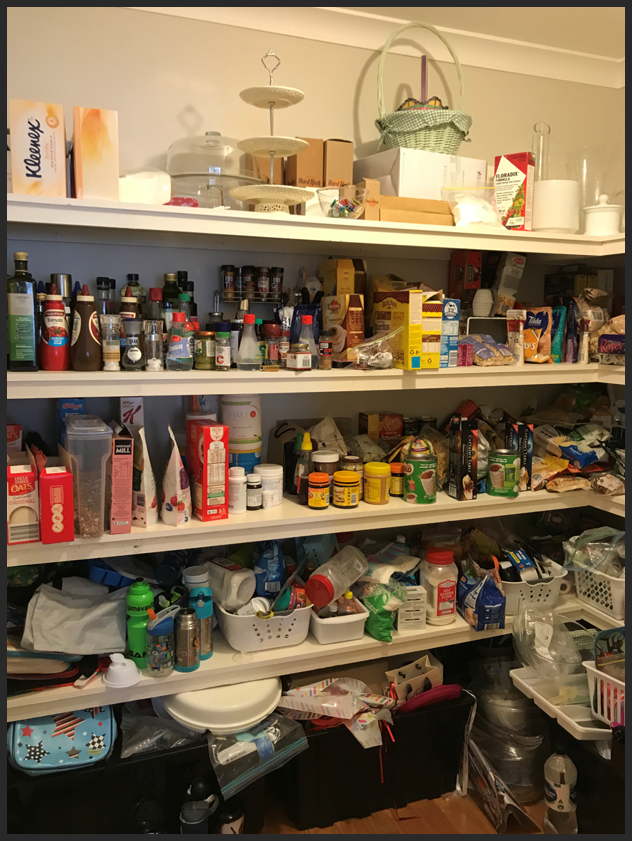 large pantry, disorganised pantry, disorganized pantry, clutter