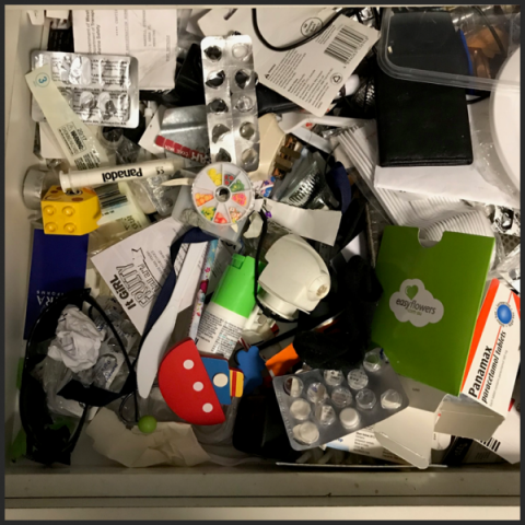 messy junk drawer, disorganised, disorganized