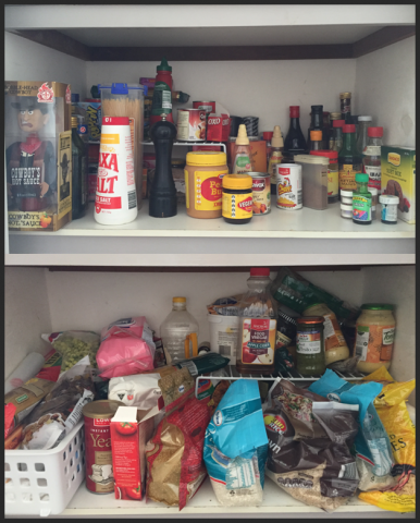 messy pantry, disorganised, disorganized, clutter